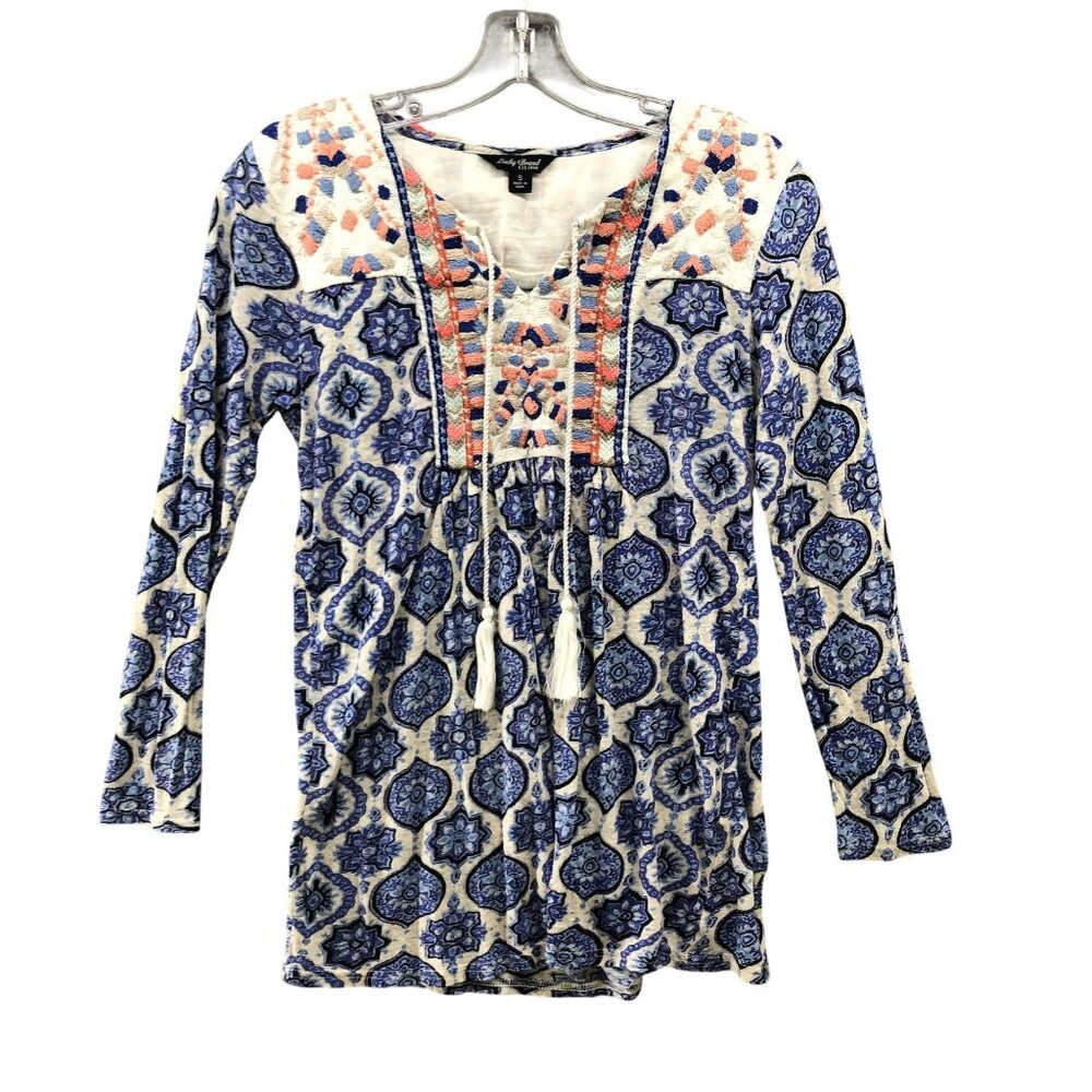 Lucky Brand Linen Modal Top Womens S Blue Boho Print Embroidered Long Sleeve